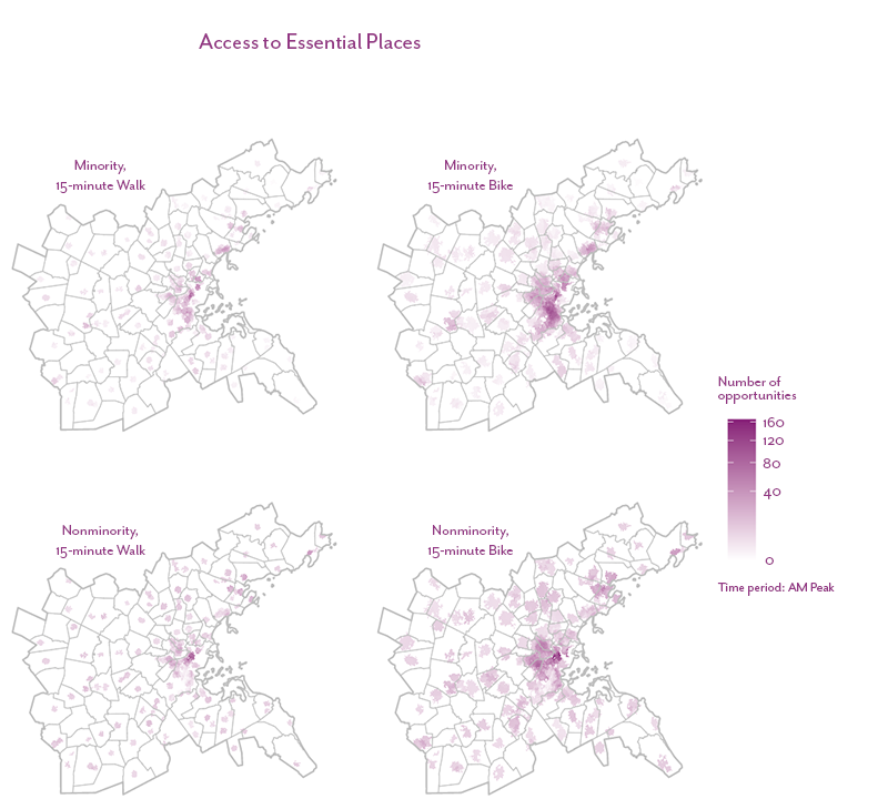 Figure 25 is a map that shows the number of essential place opportunities accessible within a 15-minute bicycle or walk trip for the minority and non-minority populations living in the Boston region. 